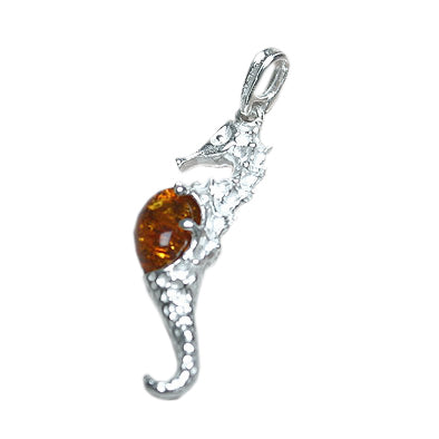 Silver Seahorse Amber Pendant