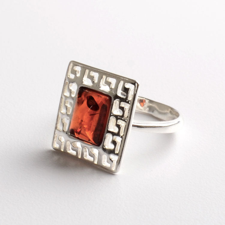 Square Greek Key Amber Ring