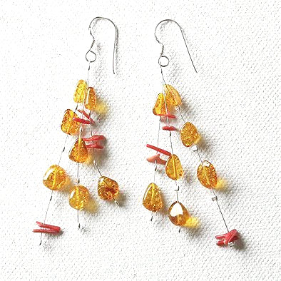 Amber and Coral Drops Earrings