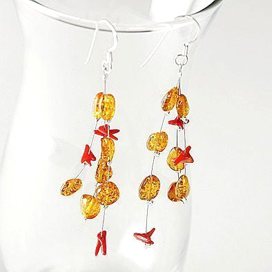 Amber and Coral Drops Earrings