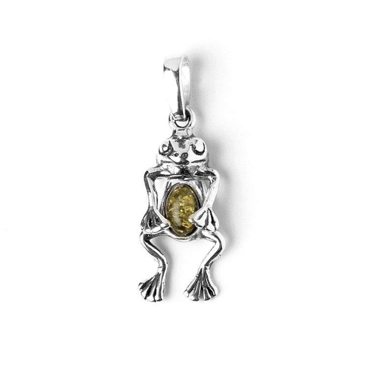Tiny Frog Amber and Silver Pendant