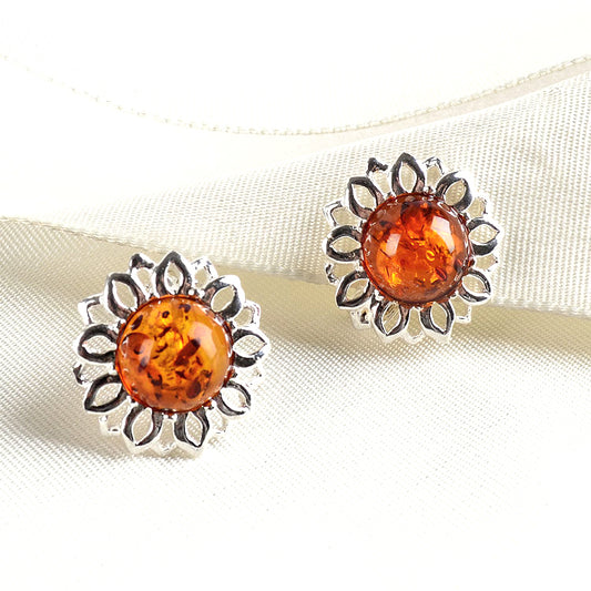 Honey Amber Clip On Flower Earrings