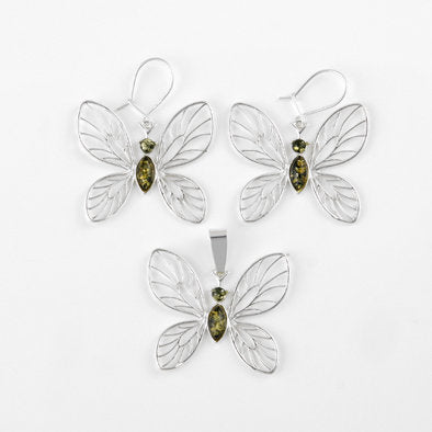 Green Amber Butterfly Earrings and Pendant Set