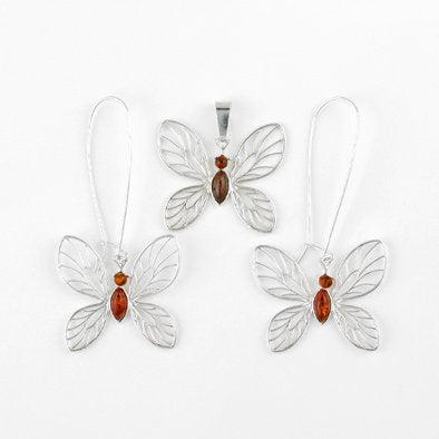 Honey Amber Butterfly Earrings and Pendant Set