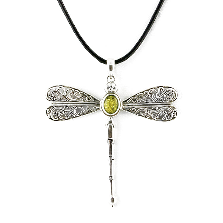 Large Silver Green Amber Dragonfly Necklace
