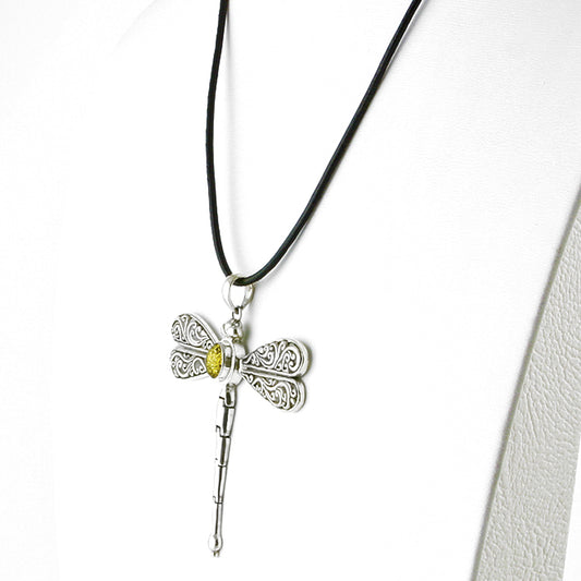 Large Silver Green Amber Dragonfly Necklace