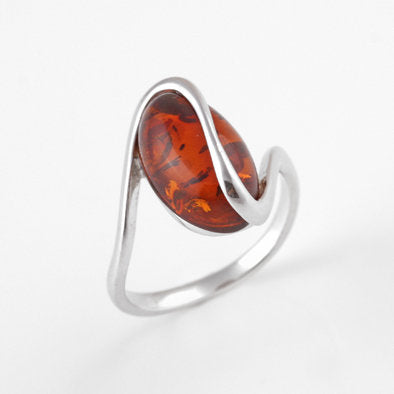 Silver Squiggle Cognac Amber Ring