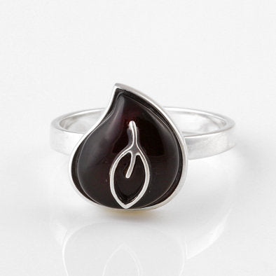 Cherry Amber Teardrop with Silver Leaf Ring