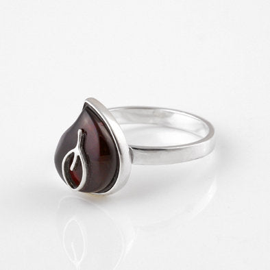 Cherry Amber Teardrop with Silver Leaf Ring