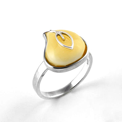 Butterscotch Amber Teardrop with Silver Leaf Ring