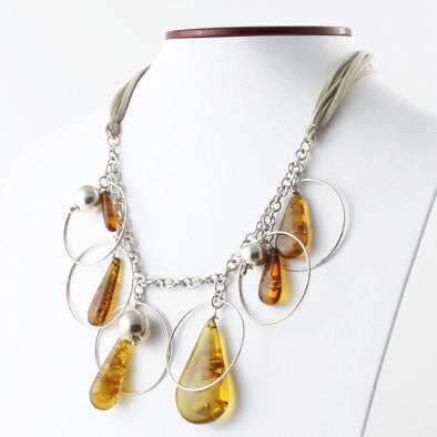 Amber & Silver Designer Necklace and Earrings Set