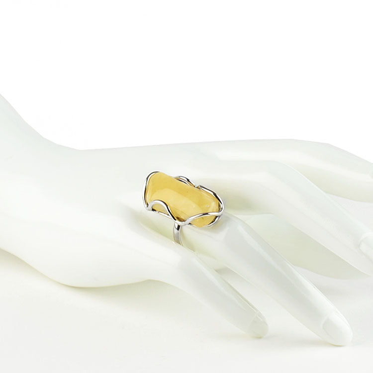 Silver Wave Butterscotch Amber Ring