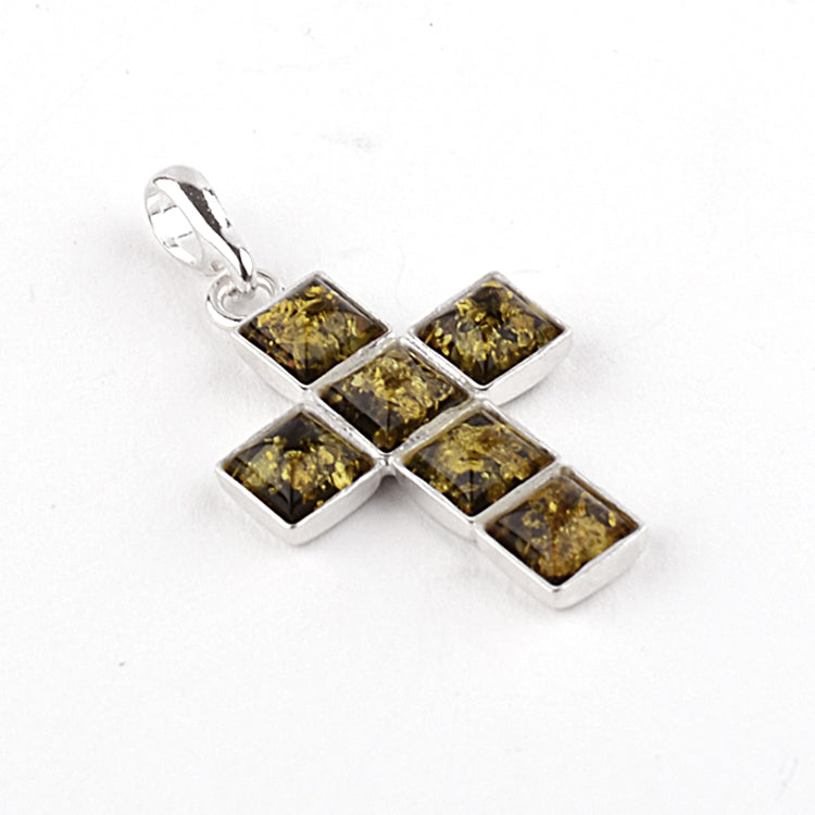 Unisex Green Amber Cross Pendant