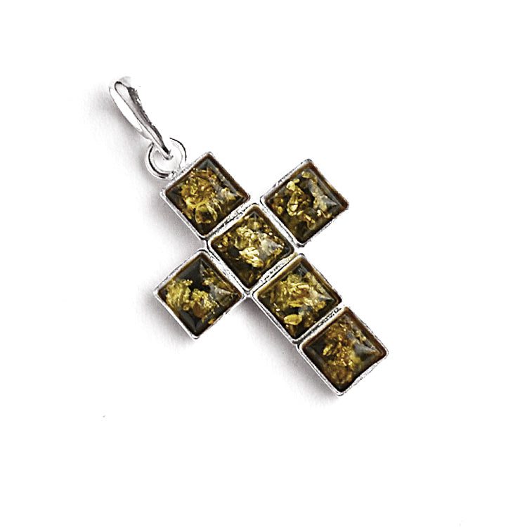 Unisex Green Amber Cross Pendant