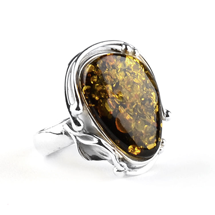Green Amber Silver Lilly Design Ring