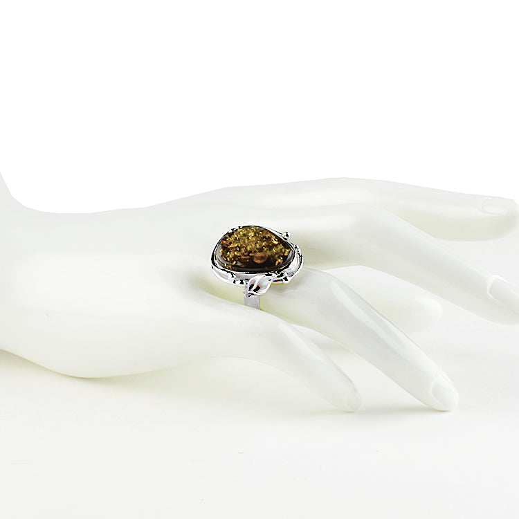 Green Amber Silver Lilly Design Ring