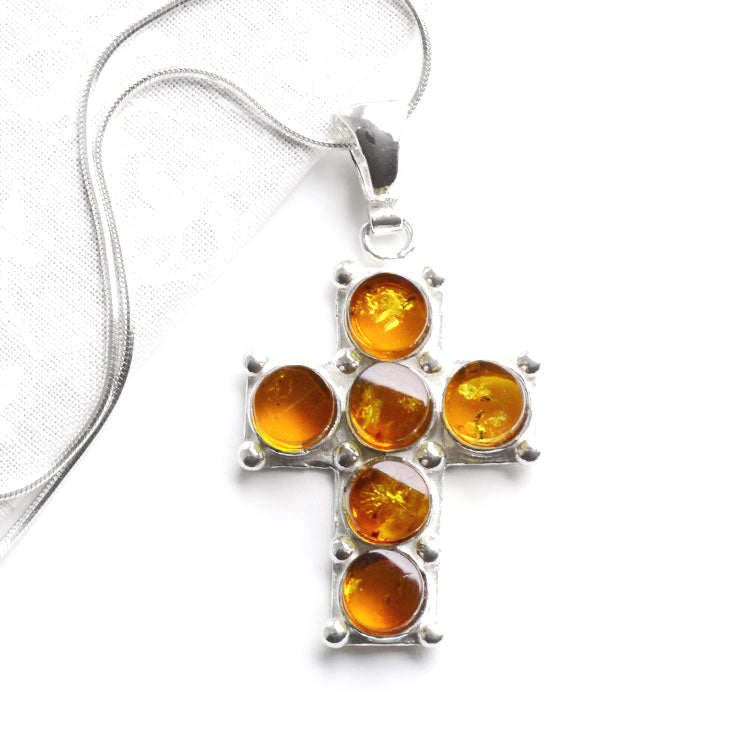 Six Stones of Honey Amber Cross Pendant