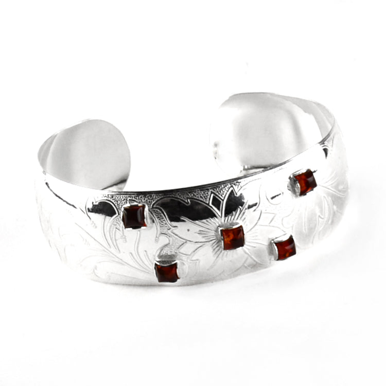 Silver Embossed Domed Cuff Bangle Bracelet with Amber