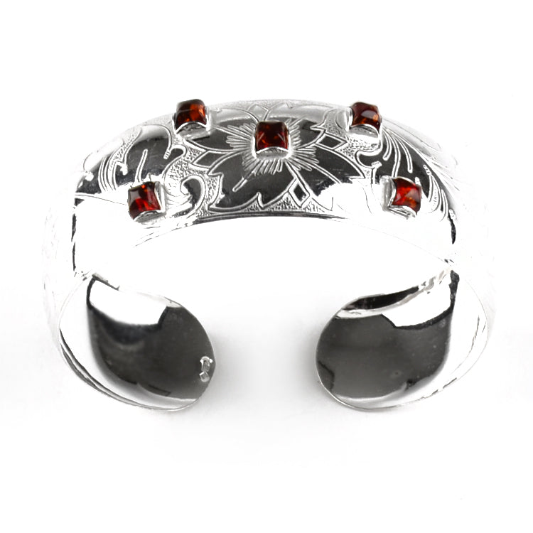 Silver Embossed Domed Cuff Bangle Bracelet with Amber