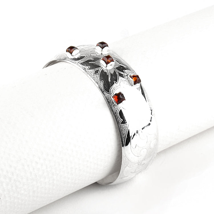 Silver Embossed Domed Cuff Bangle Bracelet with Amber