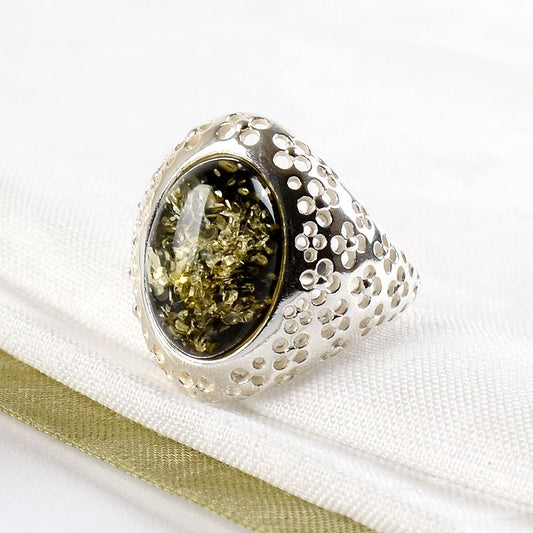 Silver & Green Amber Oval Ring
