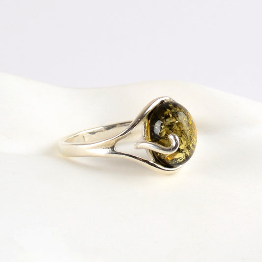 Green Amber in Silver Ring