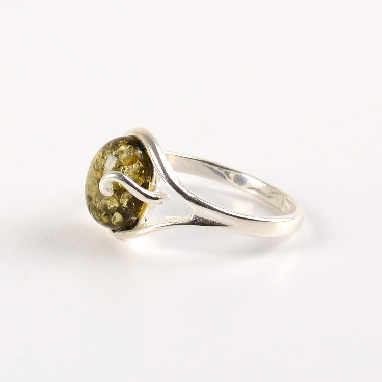 Green Amber in Silver Ring