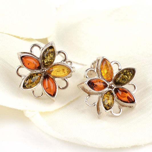 Multicolored Amber Flower Clip On Earrings