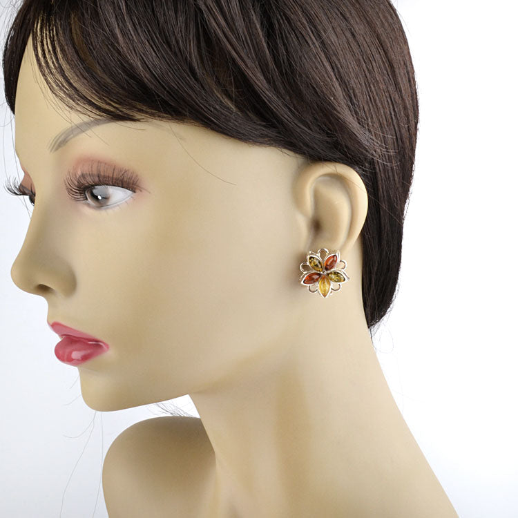 Multicolored Amber Flower Clip On Earrings