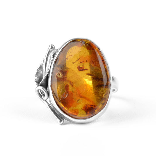 Unique Amber Silver Leaf Ring
