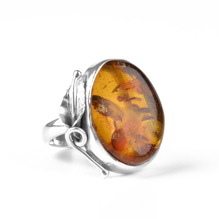 Unique Amber Silver Leaf Ring