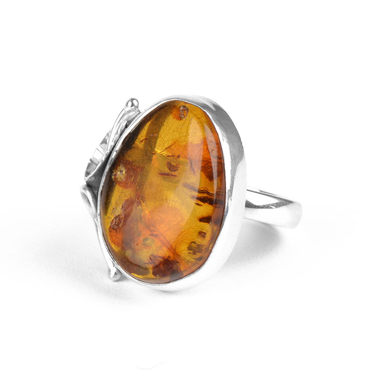 Unique Amber Silver Leaf Ring