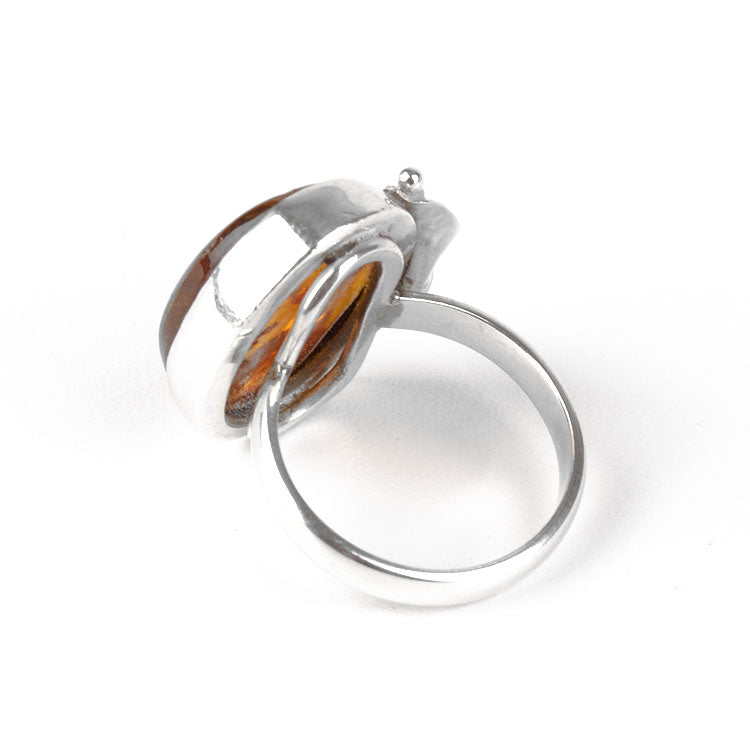 Unique Amber Silver Leaf Ring