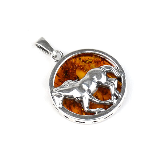 Silver Horse Honey Amber Pendant