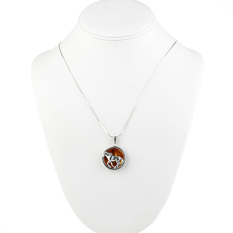 Silver Horse Honey Amber Pendant