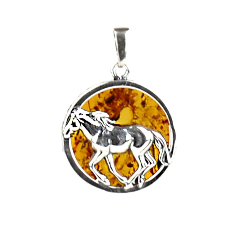 Silver Horse Honey Amber Pendant