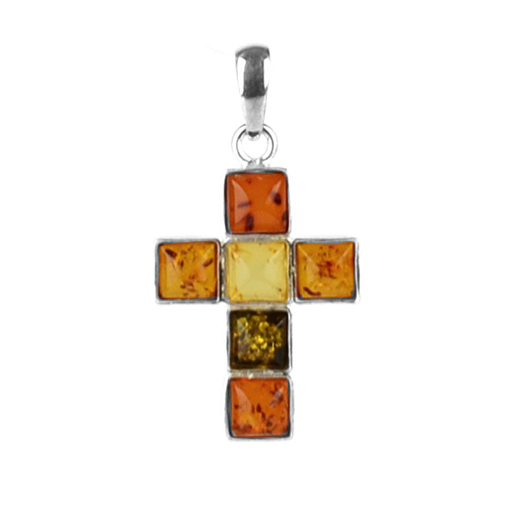Multicolor Amber Stones Silver Cross