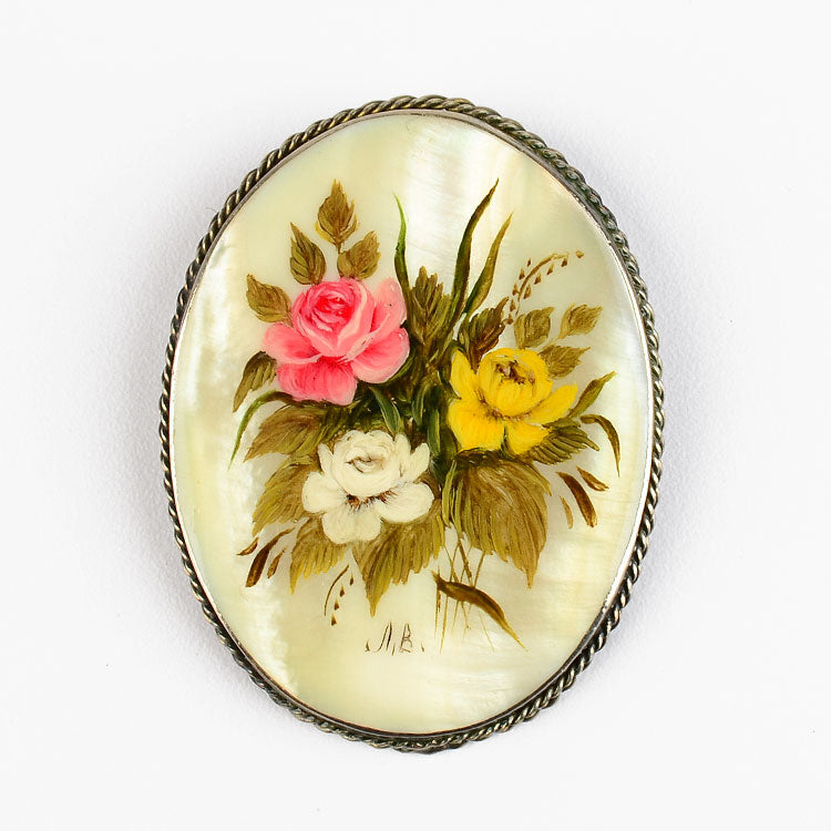 Floral Mother Of Pearl Oval Brooch