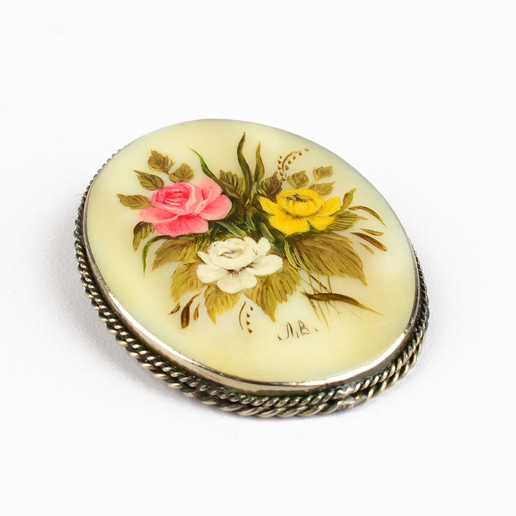Floral Mother Of Pearl Oval Brooch