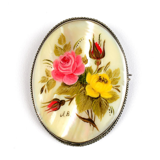 Floral Painted Mother of Pearl Brooch