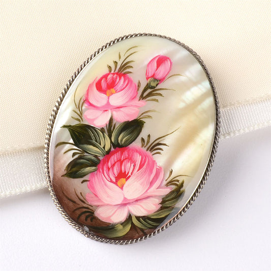 Pink Roses Mother of Pearl Brooch Pin