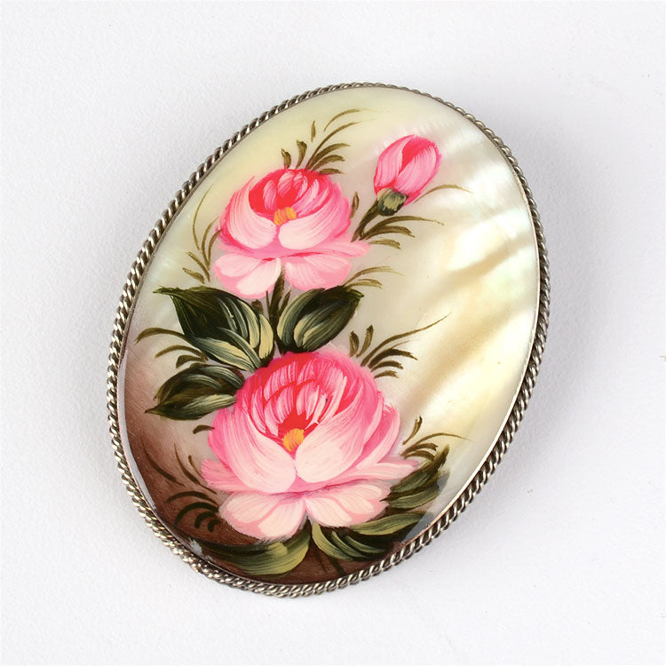Pink Roses Mother of Pearl Brooch Pin