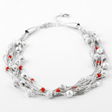 Liquid Silver and Red Coral Multi-strand Necklace