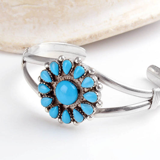 Turquoise Flower Silver Cuff Bracelet