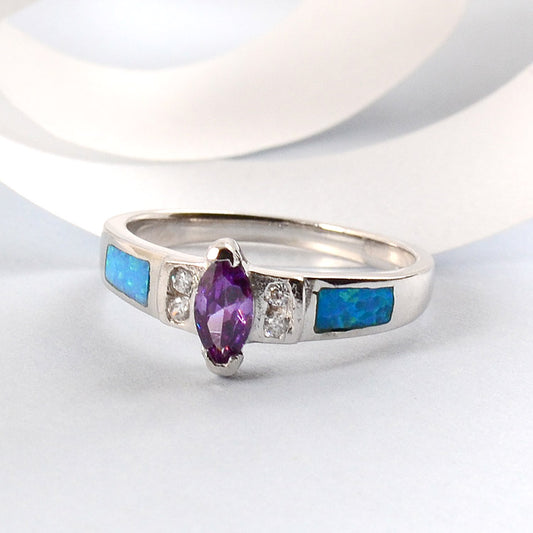 Amethyst, CZ, and Opal Inlay Princess Ring