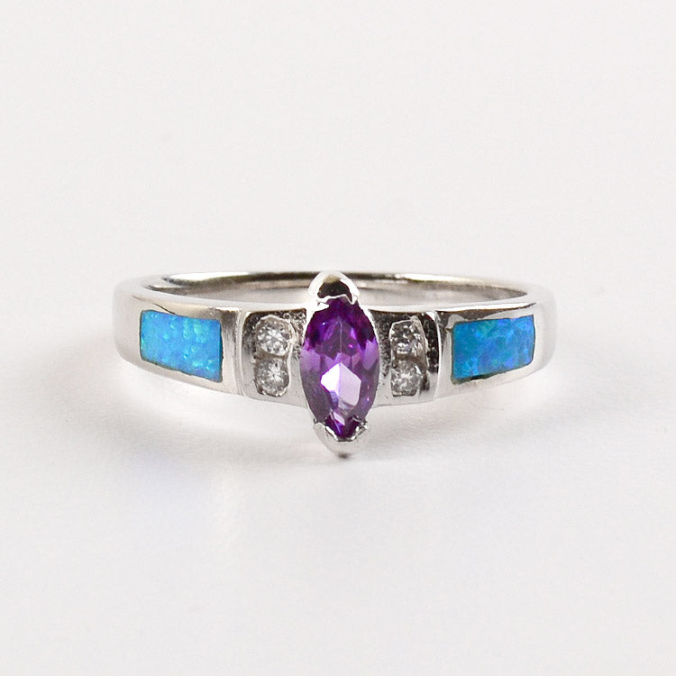 Amethyst, CZ, and Opal Inlay Princess Ring