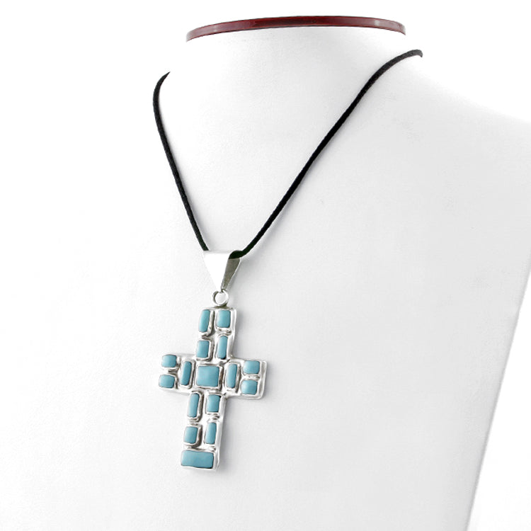 Mosaic Turquoise and Silver Cross Pendant