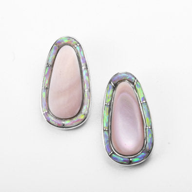 Mother of Pearl Stud Earrings with Created Opal Inlay