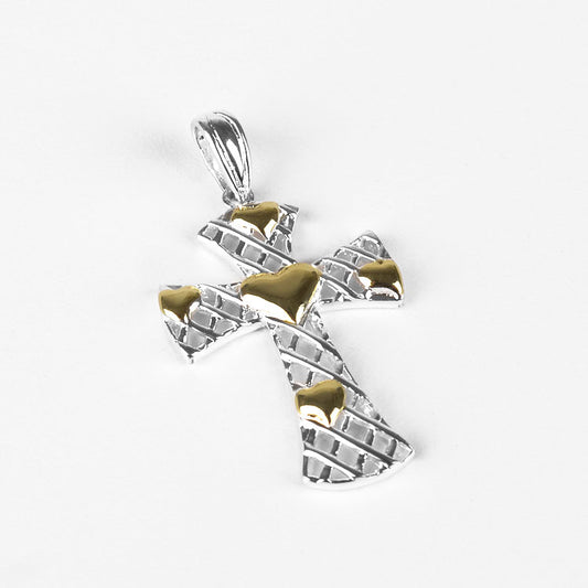 Golden Hearts on Silver Cross Pendant