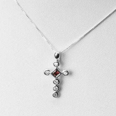 Ruby Simulated Cross Necklace with Rhodium Plating